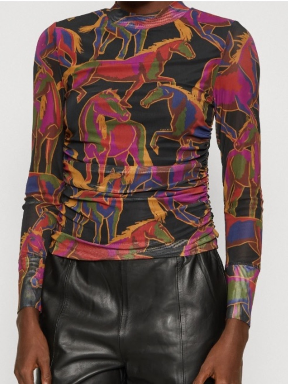 NEW FARM Rio Wild Horses Black Tulle Blouse Mesh Long Sleeve Mock Turtleneck XL